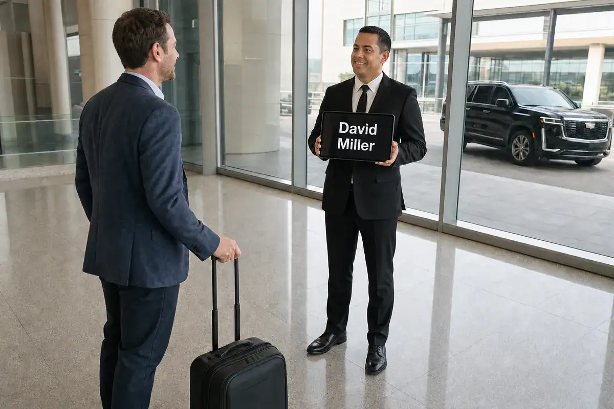 Chauffeur with a name sign meeting a business traveler at the airport for a Harrison transfer