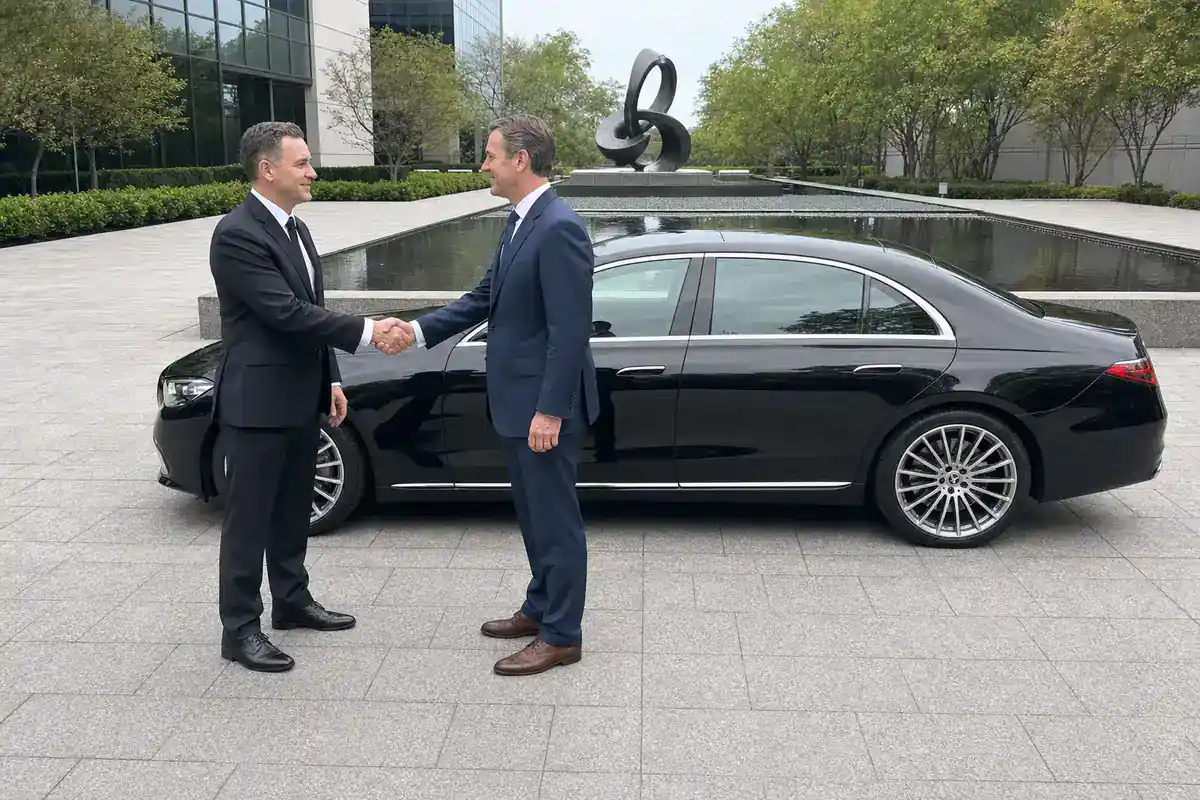 Chauffeur opening the door of a black car for an executive arriving at a Harrison office building