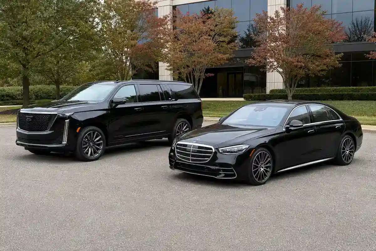 Late-model black Cadillac Escalade and Mercedes sedan of the Gotham Ride Westchester fleet