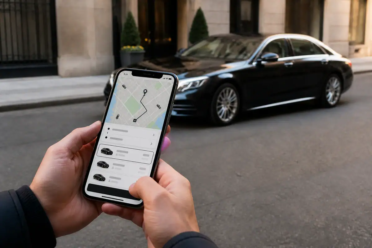 Traveler booking a car service on a smartphone with a black Mercedes sedan waiting at a Manhattan curb