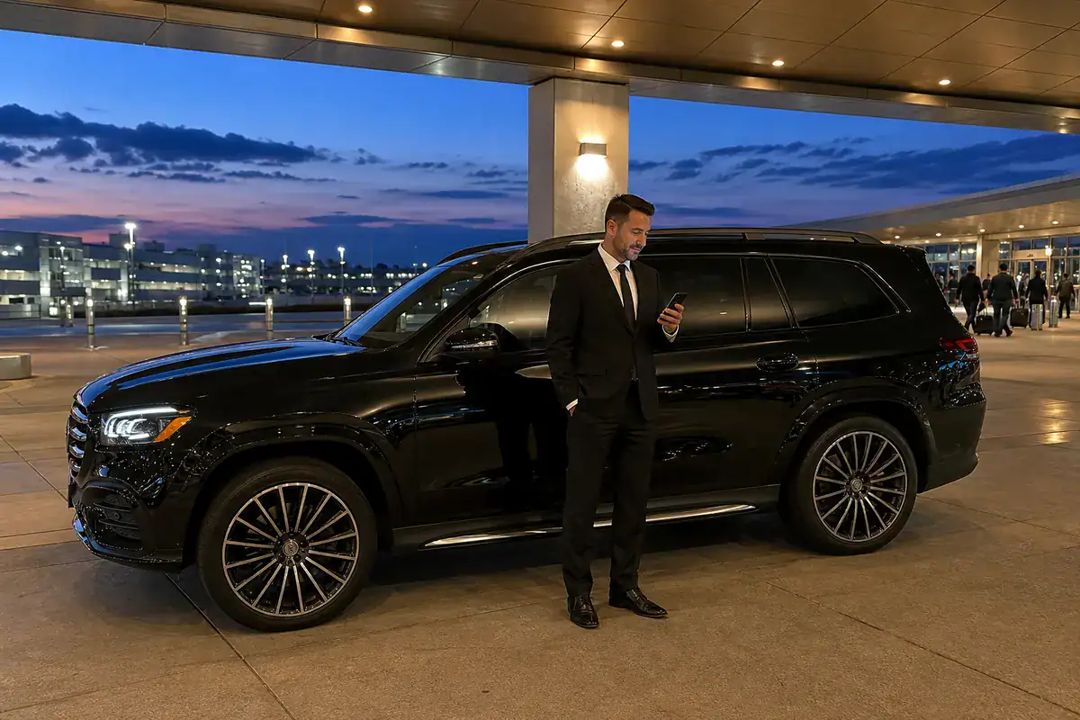 Chauffeur waiting beside a black SUV at an airport arrivals curb at dusk, checking a phone