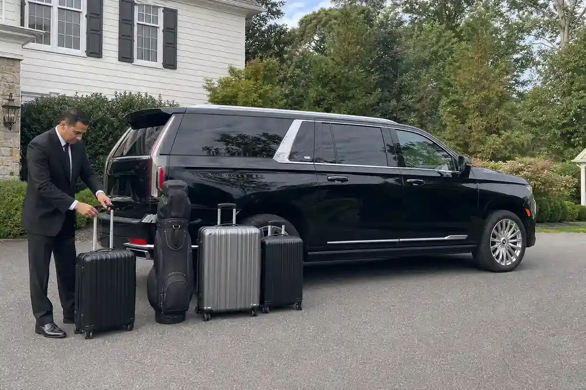 Chauffeur loading several large suitcases and a golf travel bag into the rear of a black full-size SUV
