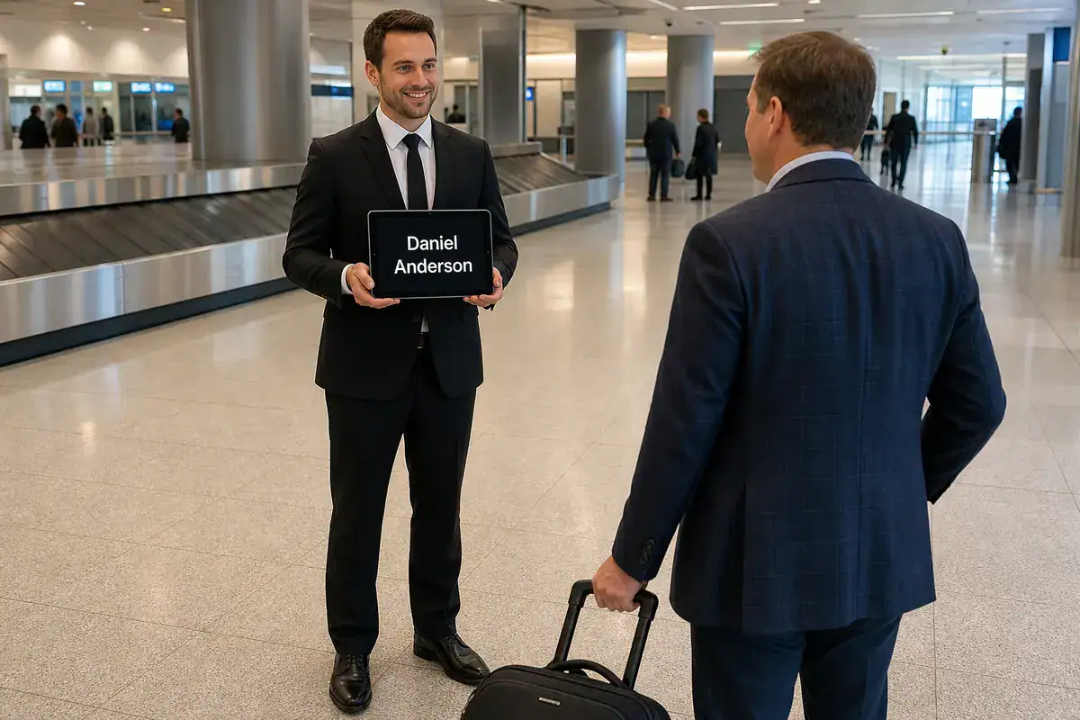 Uniformed chauffeur holding a welcome sign near baggage claim to meet an arriving traveler