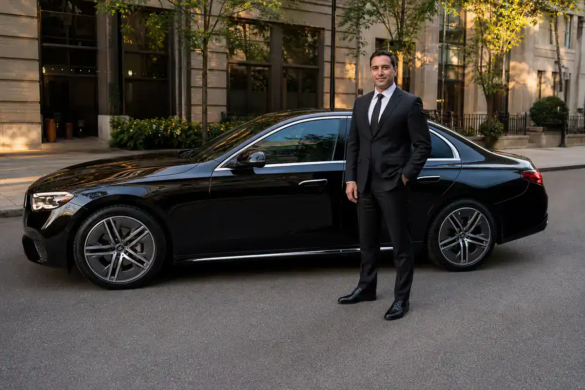 Professional TLC-licensed chauffeur in a dark suit standing beside a polished black Mercedes-Benz sedan on a Manhattan street