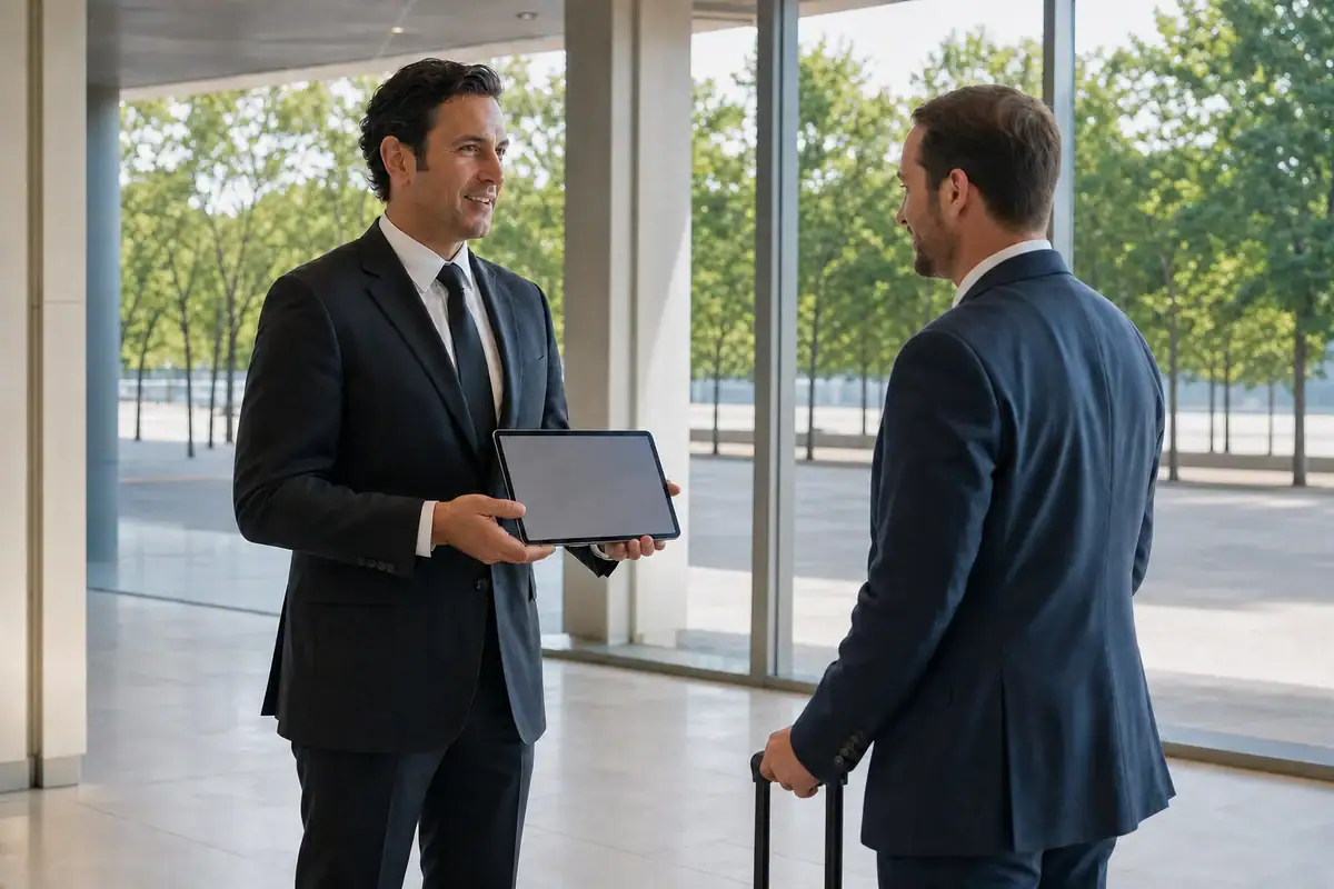 Chauffeur with a name sign meeting a business traveler at the airport for a White Plains transfer