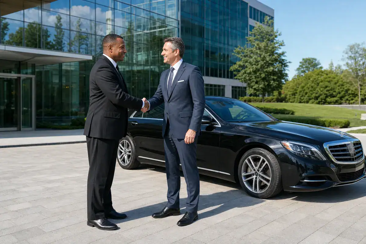 Chauffeur opening the door of a black car for an executive arriving at a White Plains office building