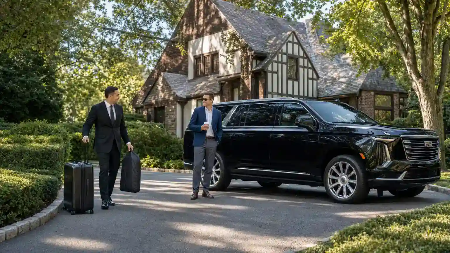White Plains Car Service 2 Chauffeur loading luggage into a black SUV outside a Westchester home for an airport transfer