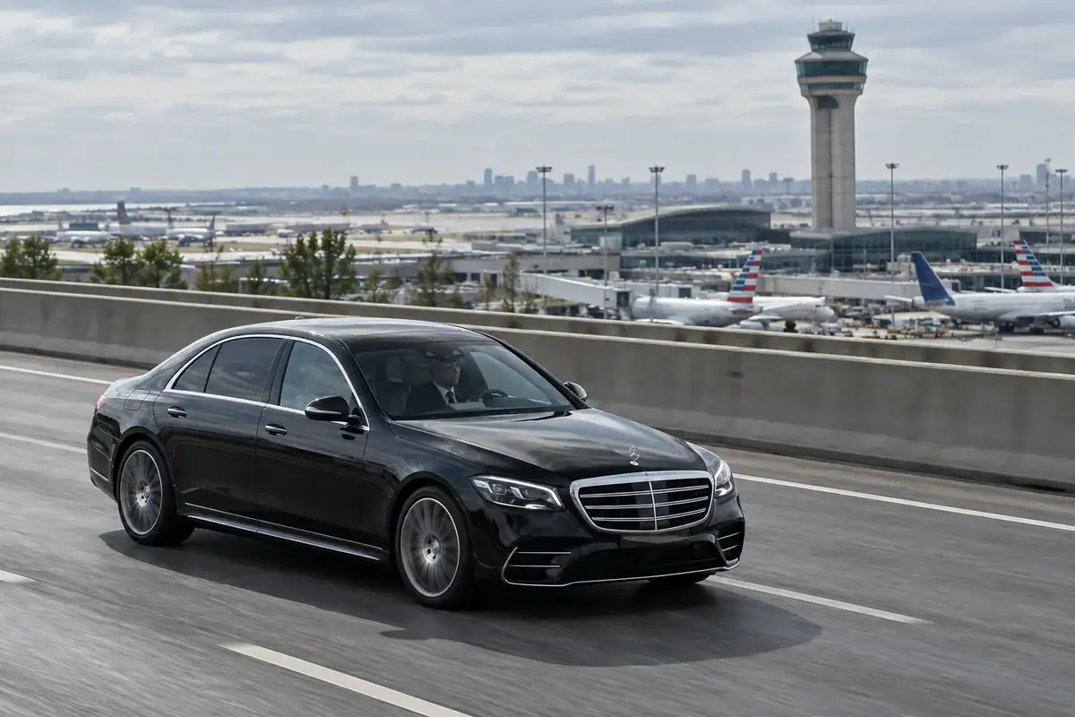 Mercedes sedan on the airport approach during a Connecticut to LaGuardia car service transfer