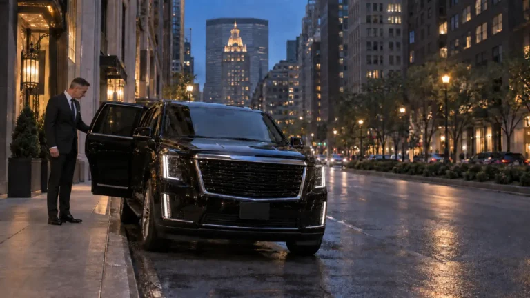 Chauffeur waiting by a black SUV on Park Avenue in Midtown Manhattan for an hourly car service