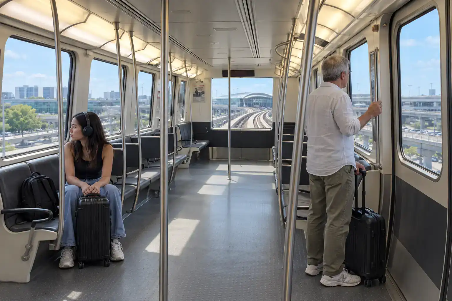 JFK to Times Square: How Far It Is, What It Costs and the Best Way There (2026) 2 Travelers with luggage riding the AirTrain from JFK to Jamaica Station, the first leg of the subway trip to Times Square