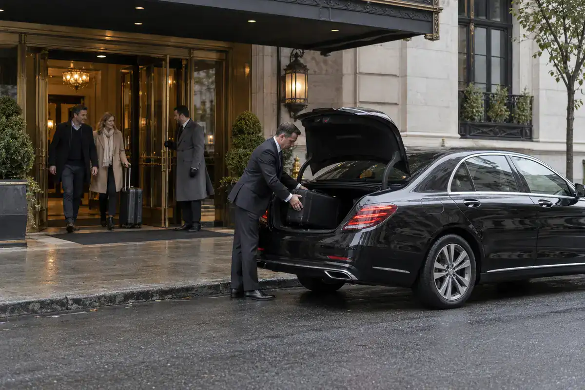 Black Car Service NYC 2 Black car service NYC pickup at a Manhattan hotel entrance, with the chauffeur loading luggage into a Business Class Sedan