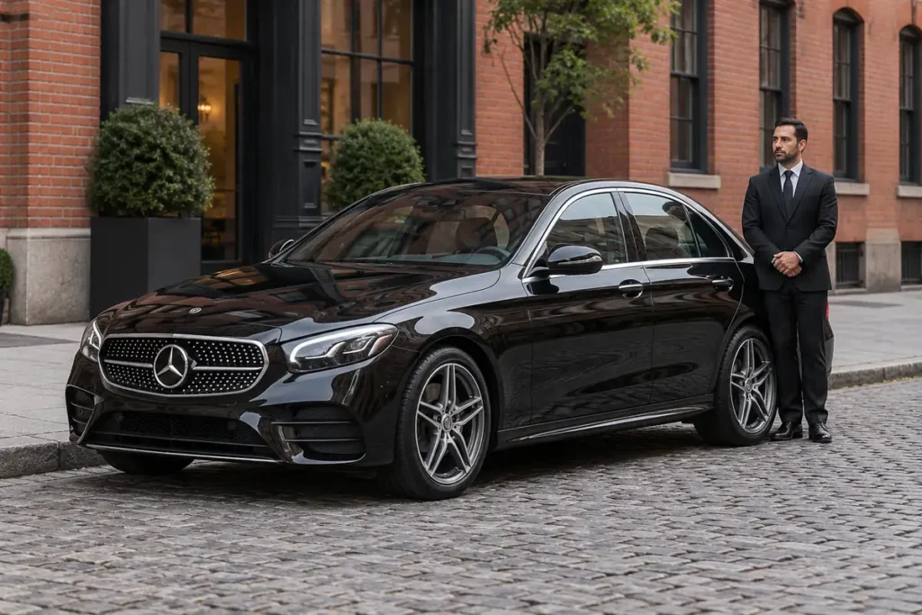 Black Mercedes E-Class Business Class Sedan with a chauffeur on a Tribeca street