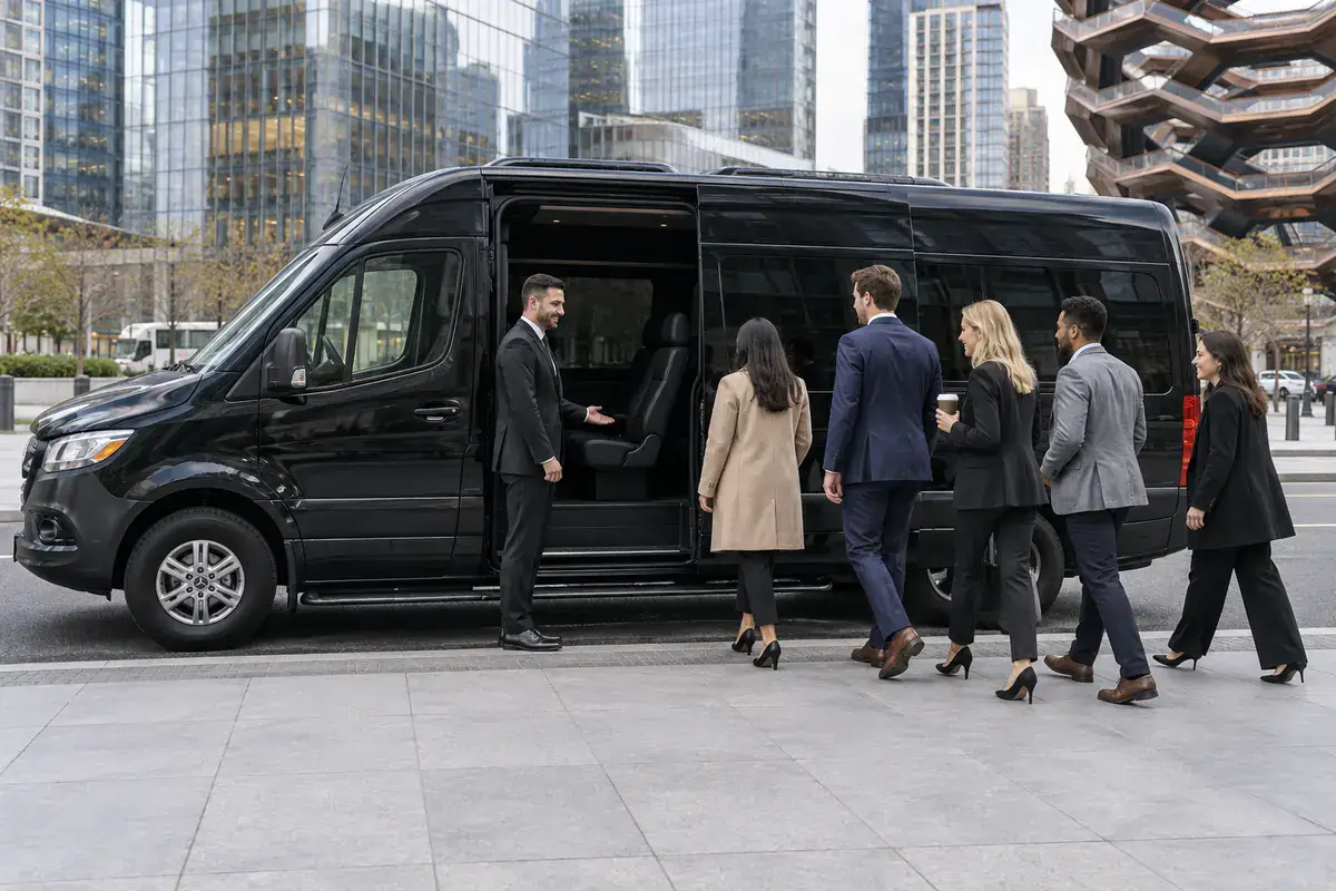 Black Car Service NYC 5 Black Mercedes Sprinter van with an open side door for a corporate group in Hudson Yards