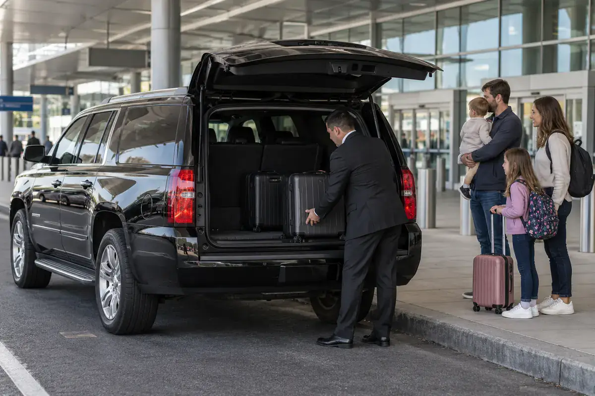 Black Car Service NYC 4 Black Business SUV at an airport curb with the chauffeur loading a family's luggage