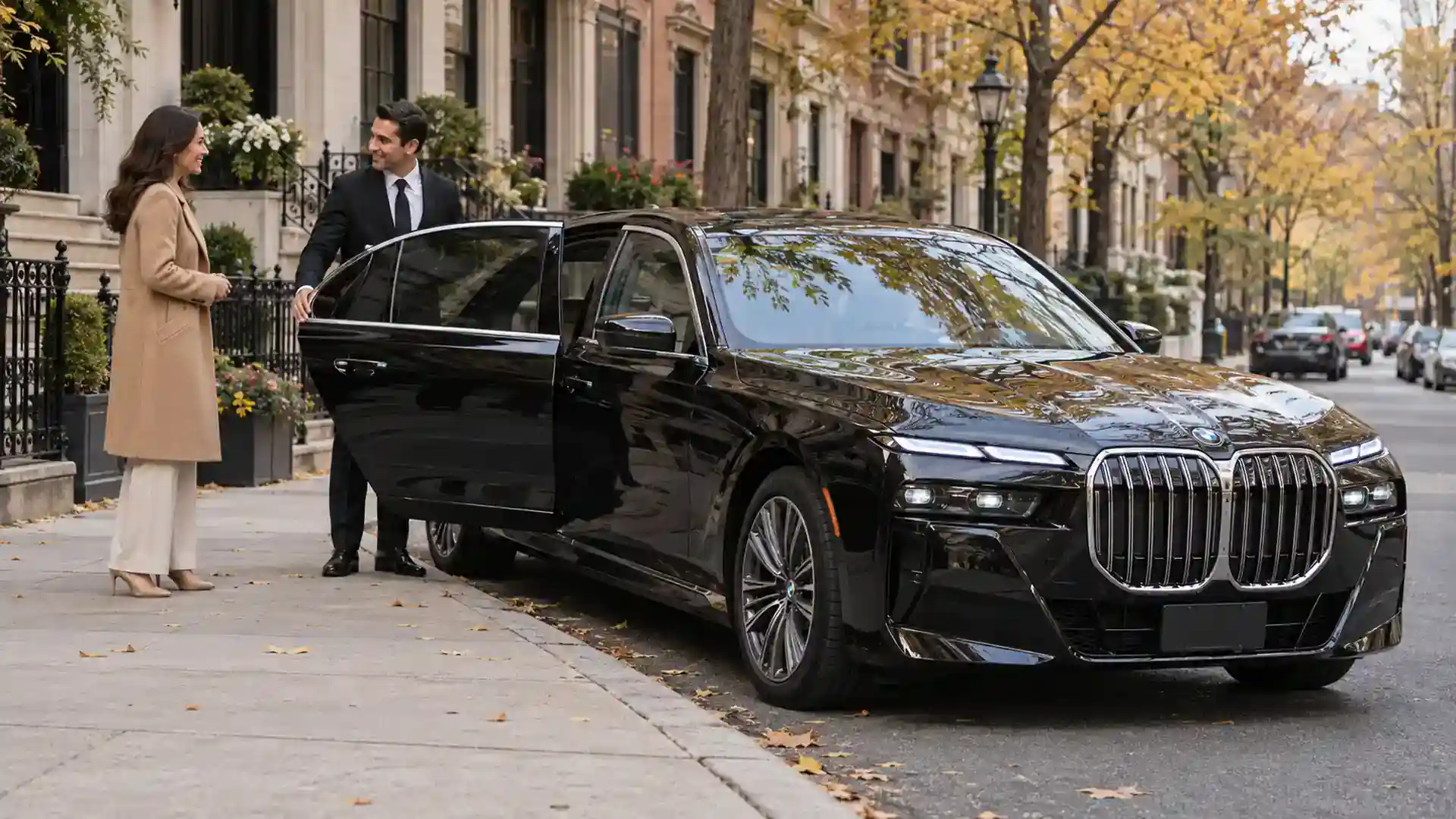 Black BMW sedan and chauffeur on a New York street