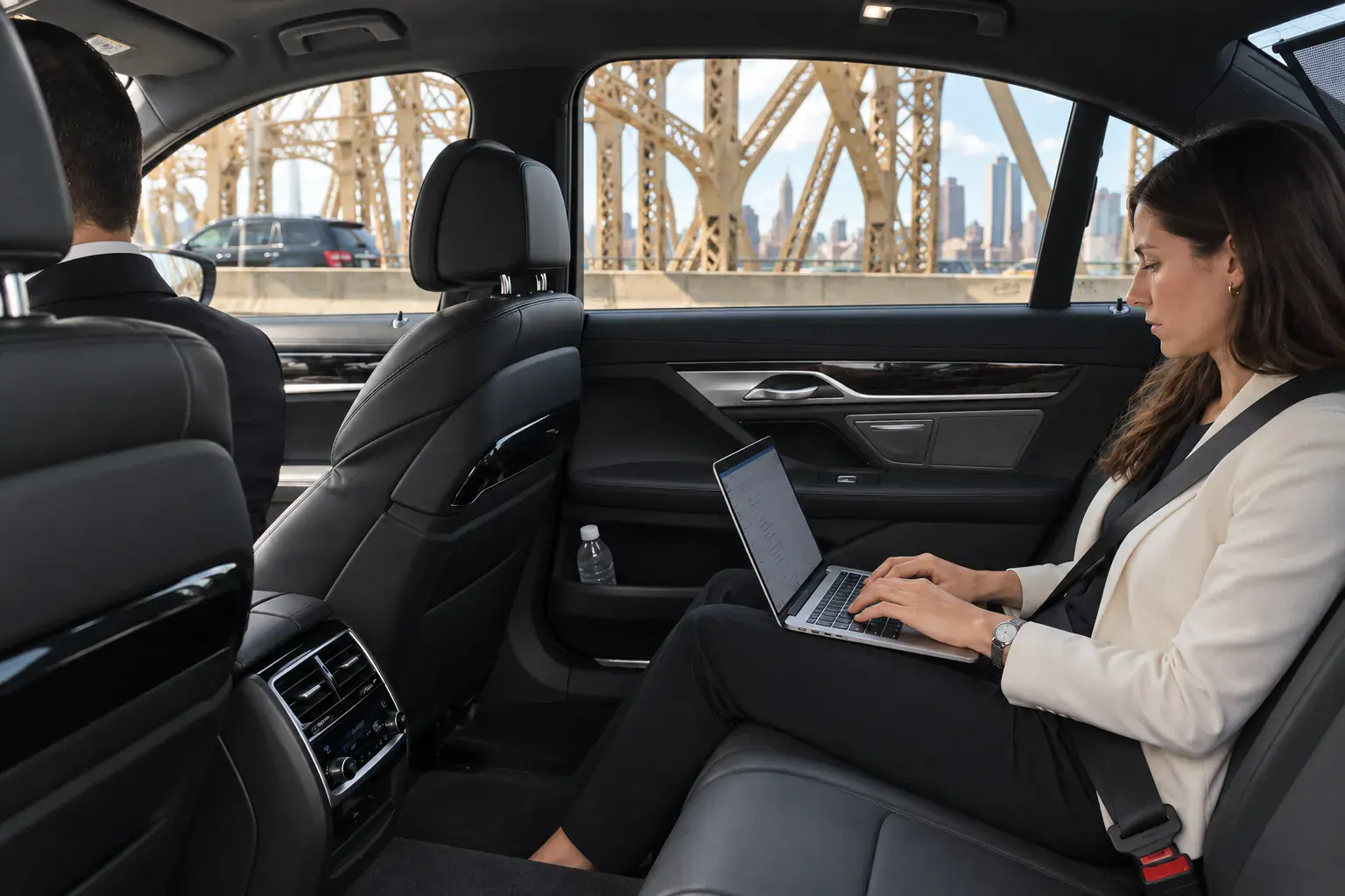 JFK to Times Square: How Far It Is, What It Costs and the Best Way There (2026) 5 Passenger working in the rear seat of a black BMW sedan on the private car ride from JFK to Times Square