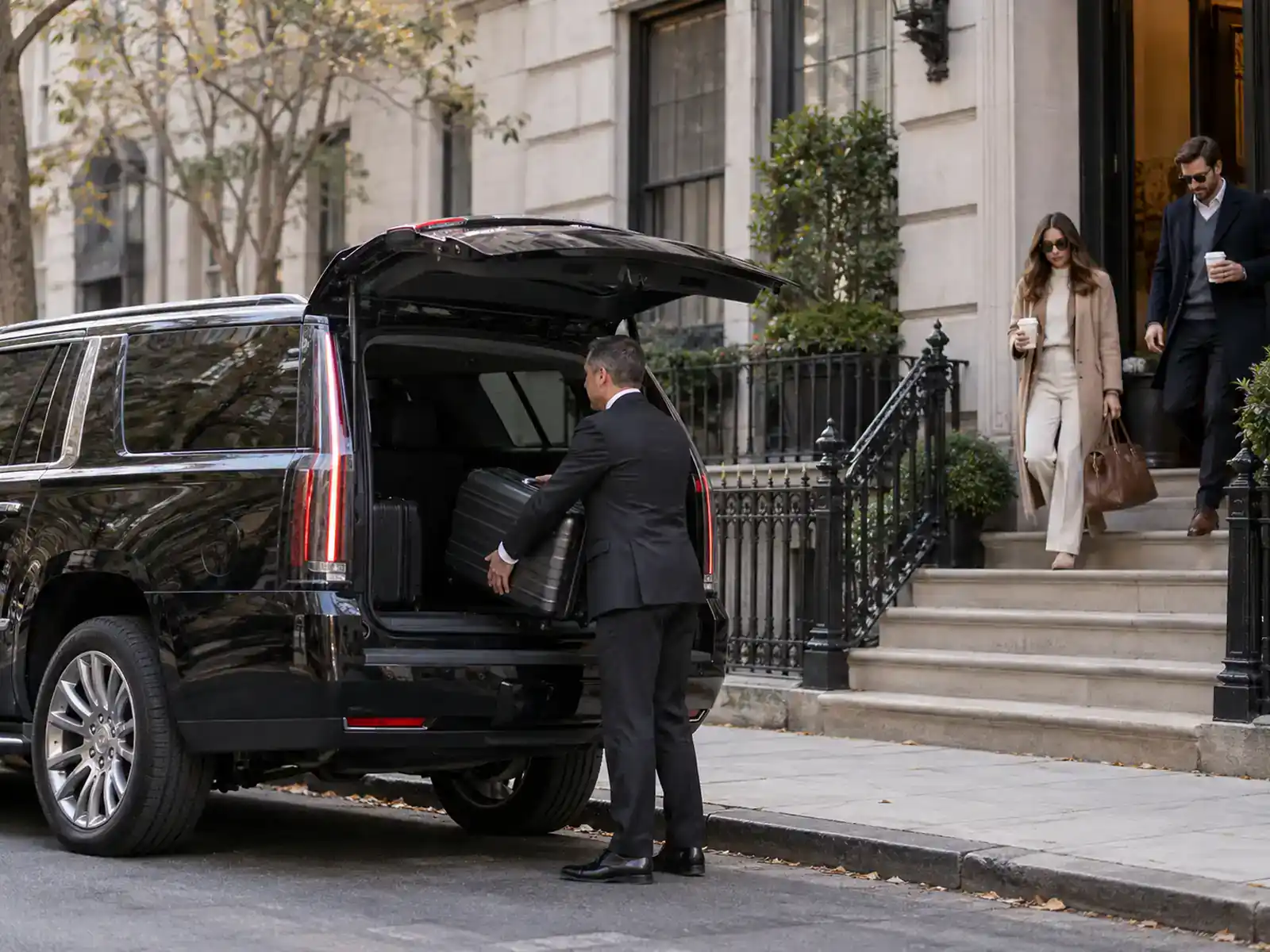Chauffeur loading suitcases into a black SUV outside a New York townhouse as a couple leaves for the airport