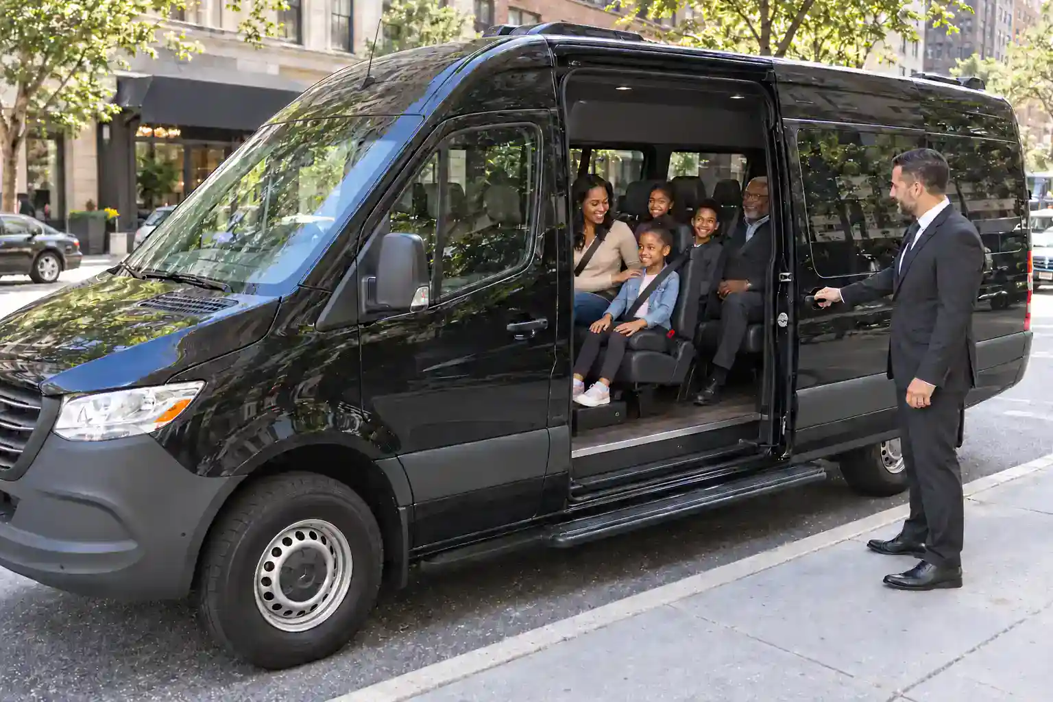 Child buckled into a booster seat in a black Sprinter van for a family car service ride in New York