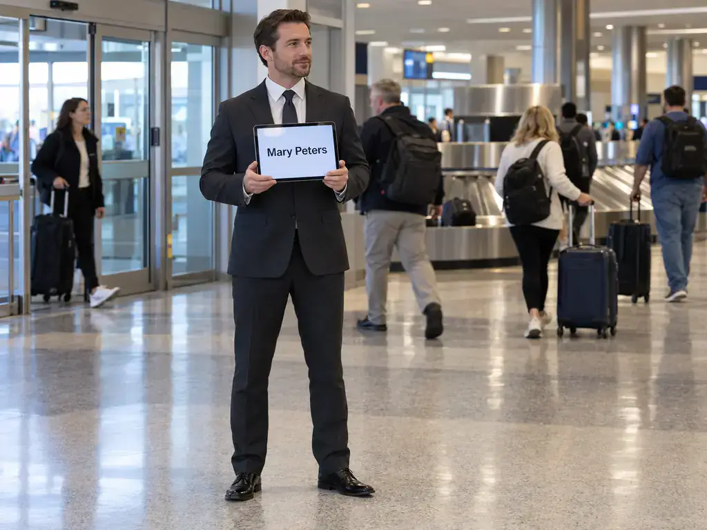 Chauffeur holding an iPad Pro displaying Mary Peters at Bradley Airport arrivals