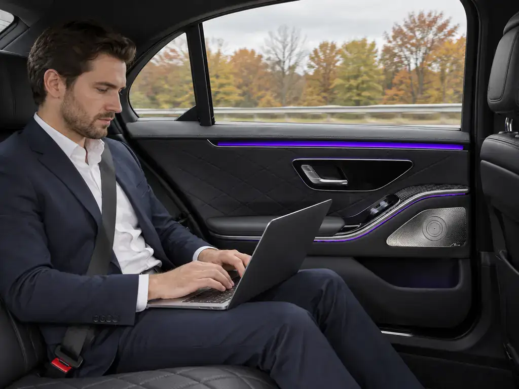 Business traveler using a laptop in an S-Class rear cabin with quilted door trim