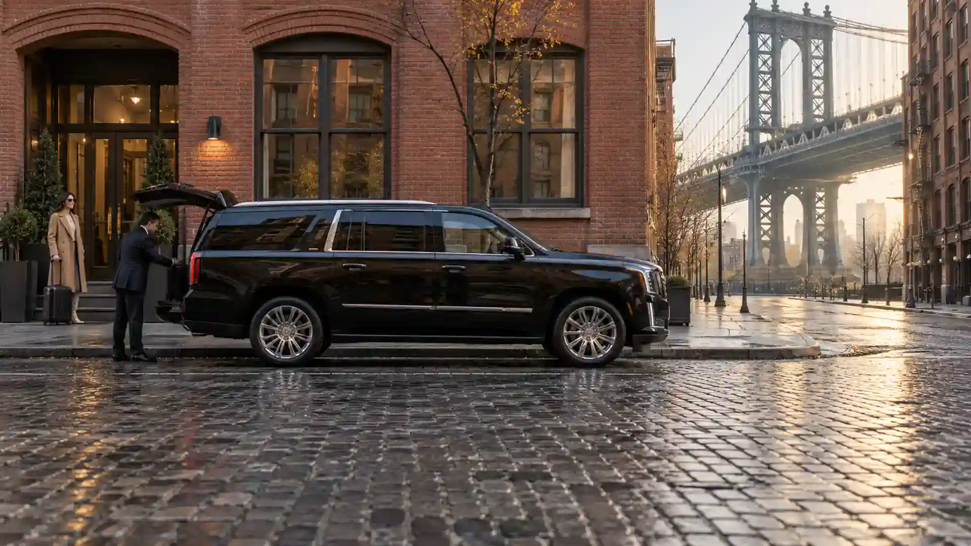 Black SUV on a DUMBO street with the Manhattan Bridge behind it