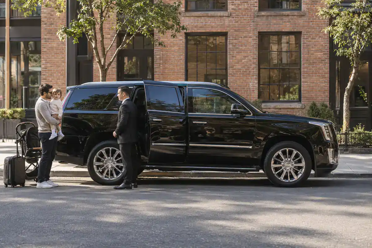 Chauffeur welcoming a father with a toddler beside a black SUV on a Williamsburg street before a Brooklyn airport trip