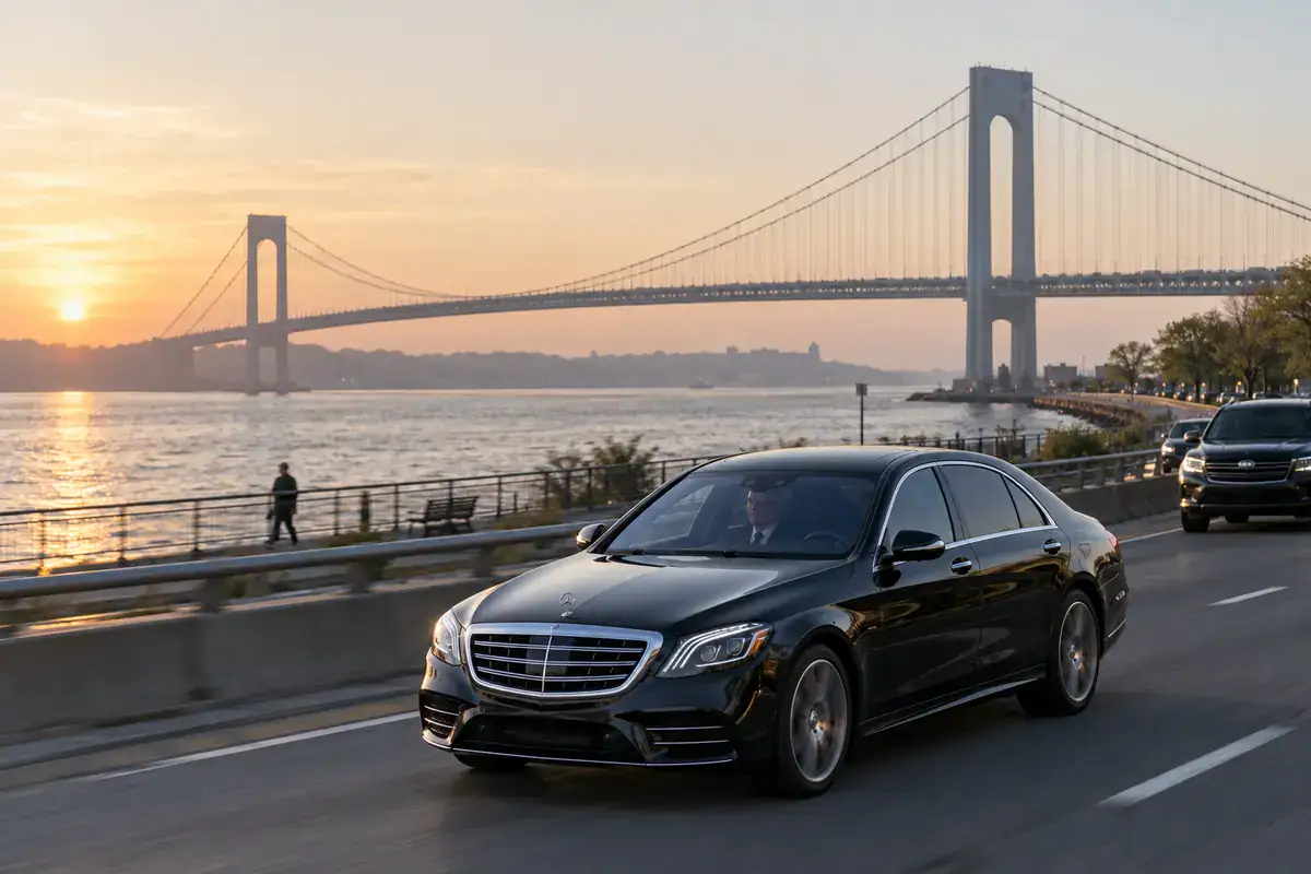 Black sedan on the Belt Parkway in Bay Ridge with the Verrazzano Bridge behind it, on a car service trip from Brooklyn to JFK