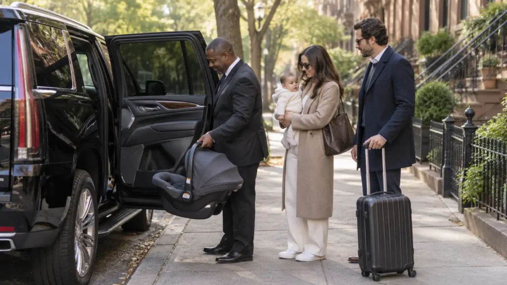 Chauffeur carrying an infant car seat beside a black SUV as a family prepares for a New York City ride