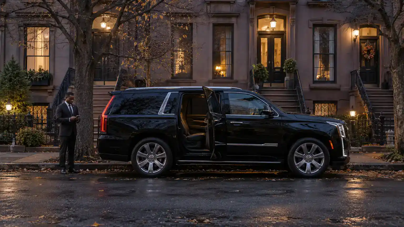 Chauffeur waiting with a black SUV outside a Park Slope brownstone before dawn for a chauffeur service pickup in Brooklyn