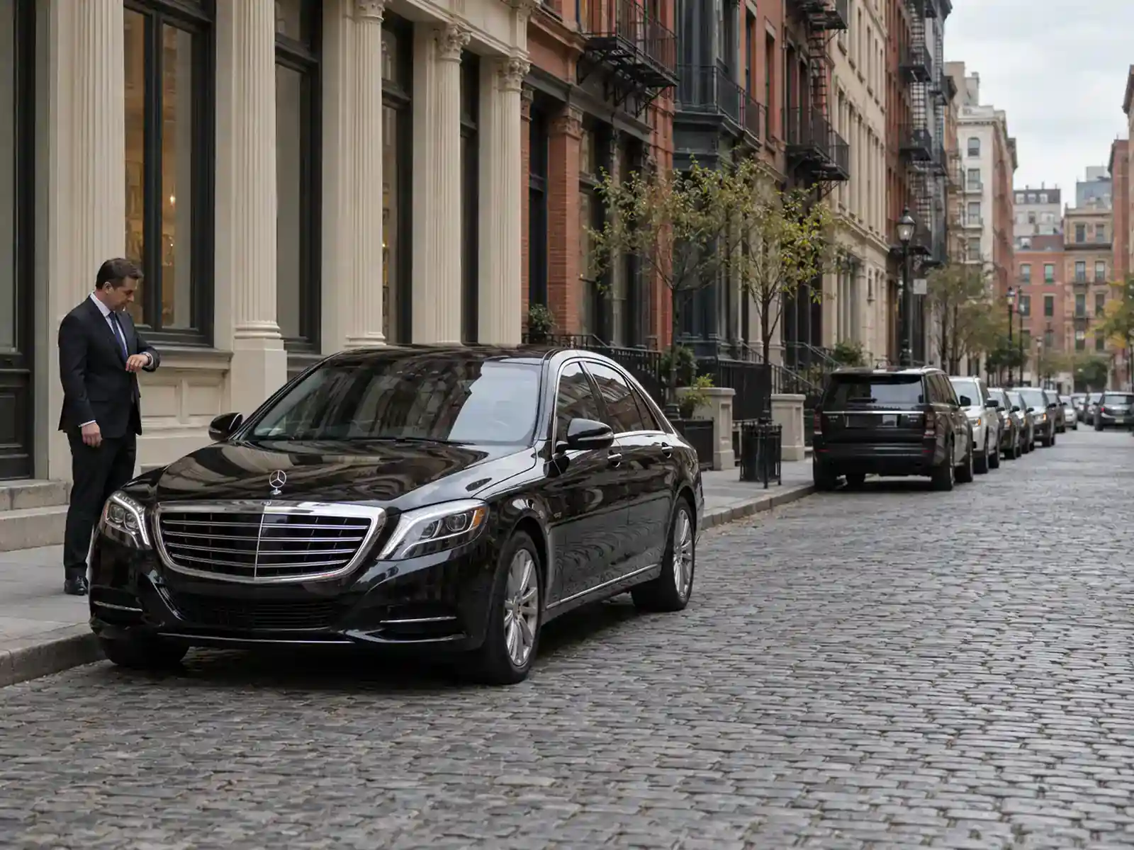 Black chauffeured sedan waiting on a cobblestone street in Tribeca with a chauffeur beside it