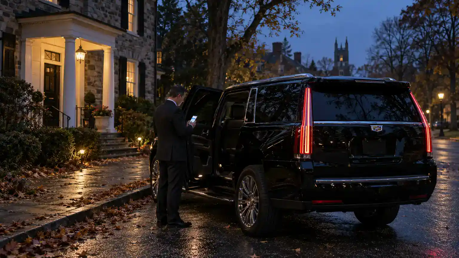 Chauffeur waiting with a black SUV before dawn in Princeton for a chauffeur service NJ airport pickup