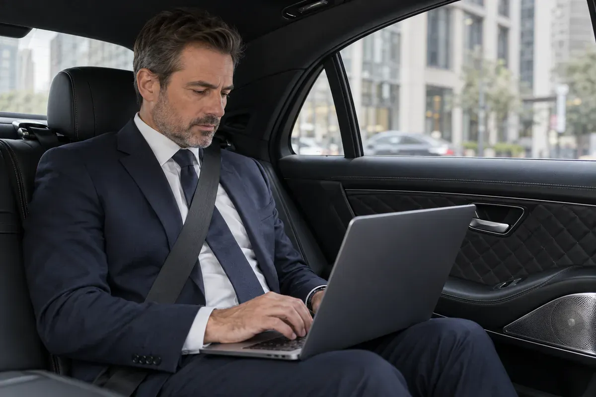 Business traveler working on a laptop in the back seat of a black chauffeured sedan in New York