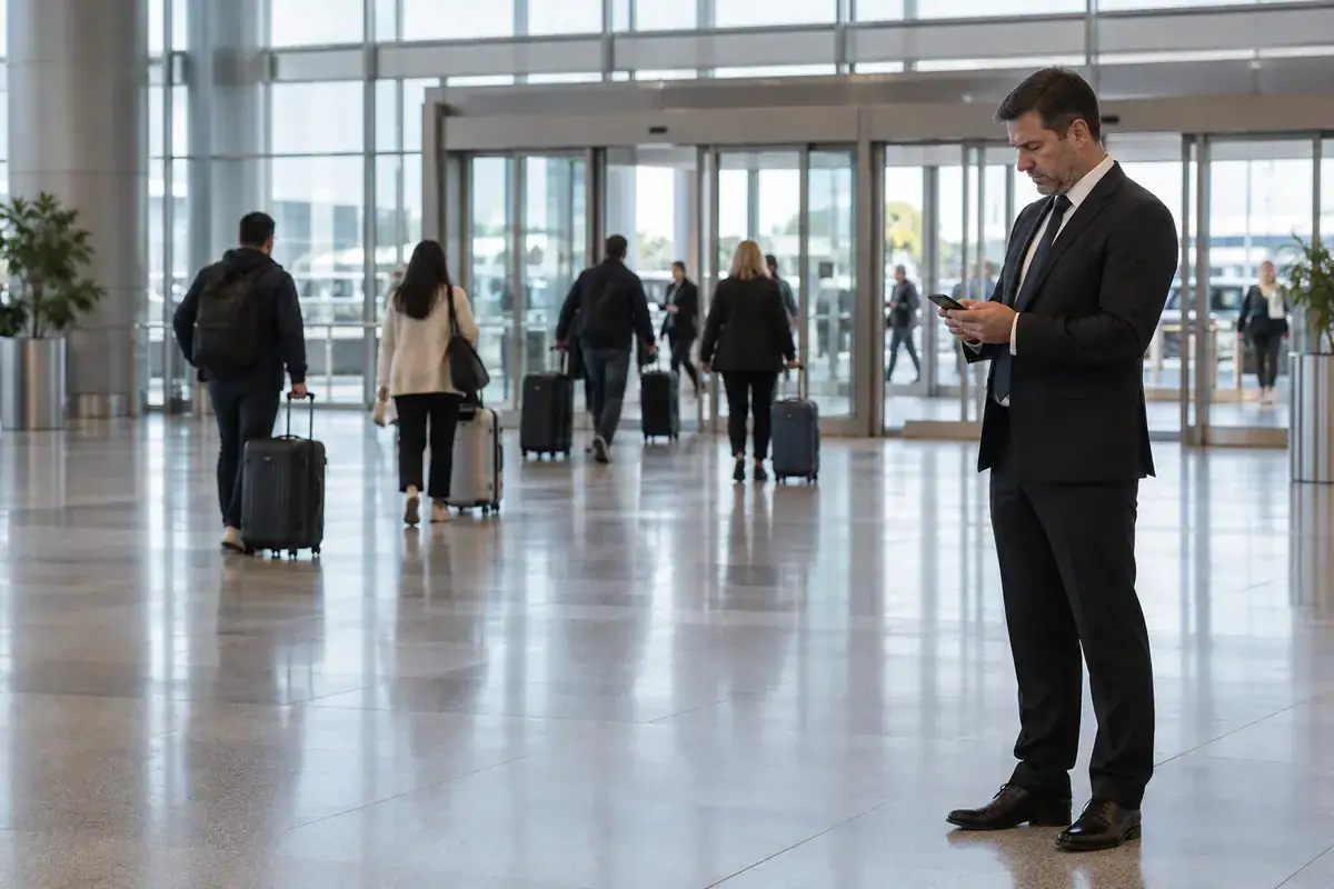 Chauffeur checking a flight on his phone in an airport arrivals hall while waiting for a client