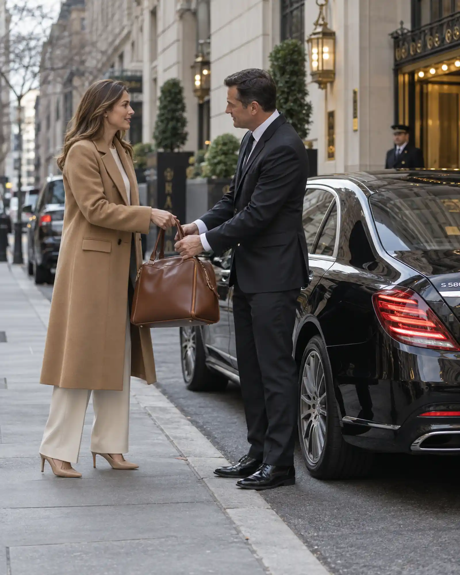 Gotham Ride chauffeur greeting a business traveler and taking her bag outside a Manhattan hotel