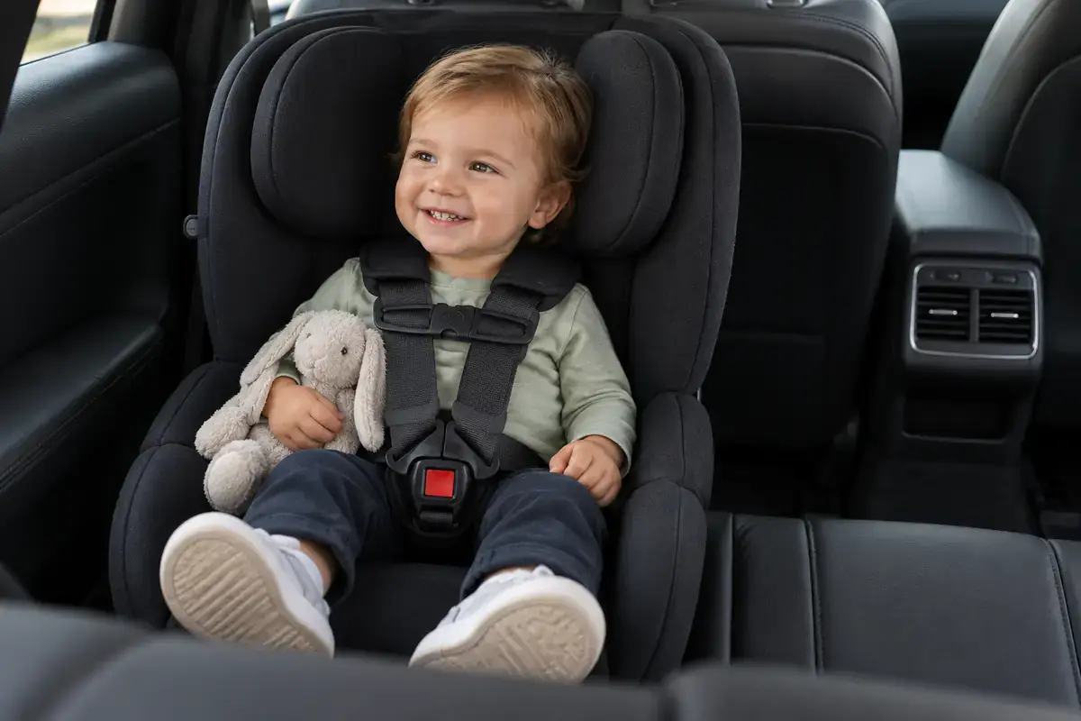 Toddler buckled into a convertible car seat with a five-point harness in a black SUV in NYC
