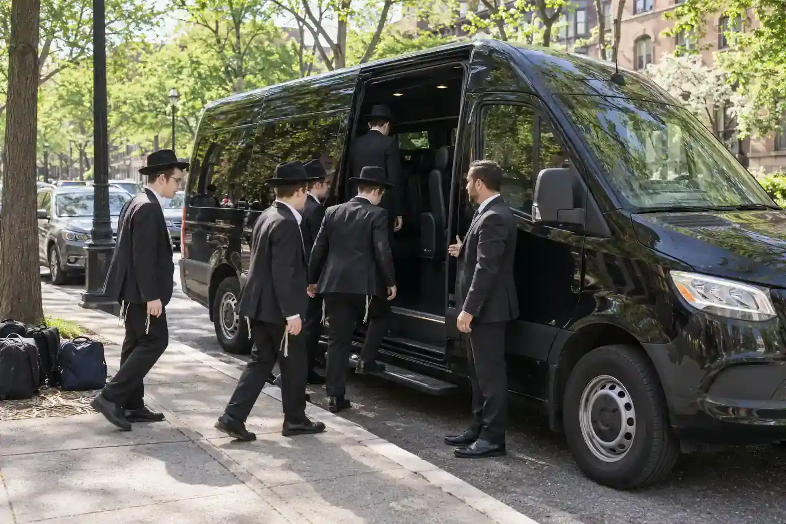 Group of students boarding a black Sprinter van in Crown Heights for a trip to the Ohel