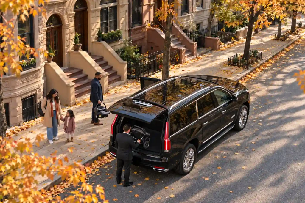 Family loading a black SUV with a car seat installed outside a Manhattan brownstone, an alternative to Uber Car Seat in NYC