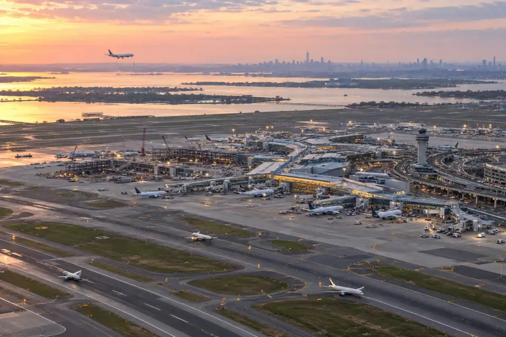 JFK Airport terminals at sunrise, with the Manhattan skyline in the distance