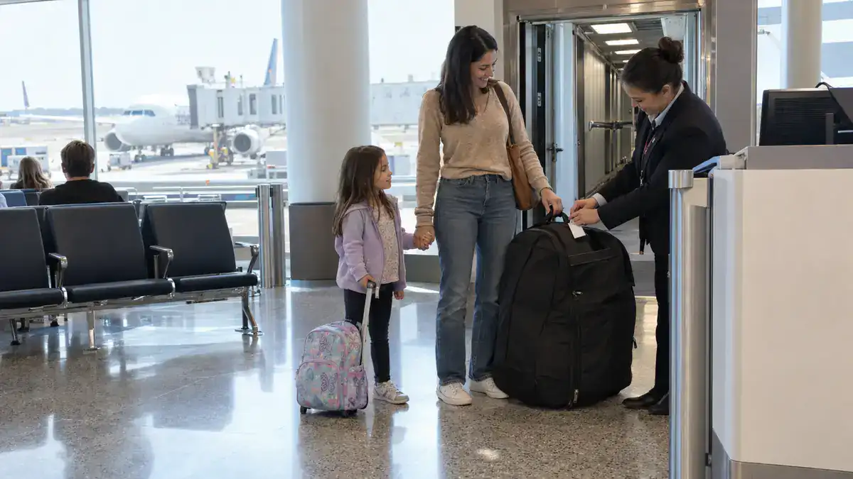 Gate agent tagging a car seat in a padded travel bag while a mother and daughter wait at a New York airport gate