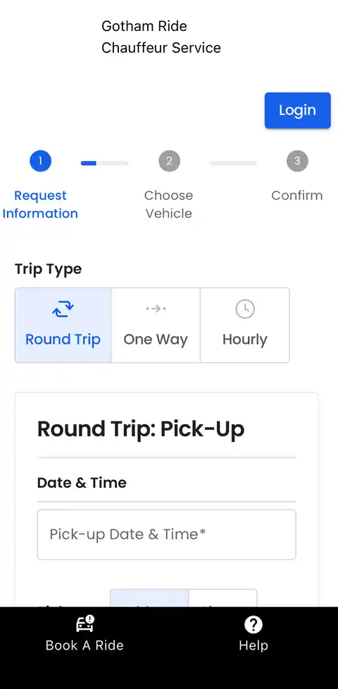 Gotham Ride app booking screen with round trip, one way and hourly options
