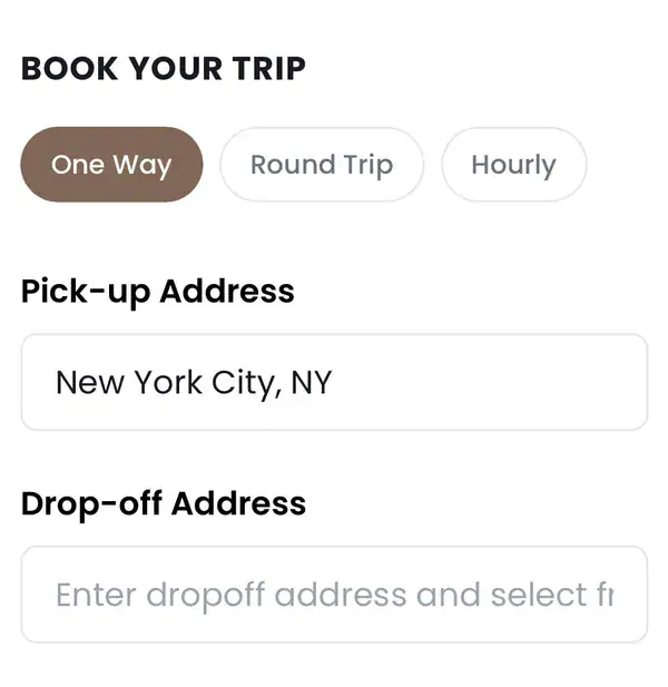 Gotham Ride booking form with one way, round trip and hourly options