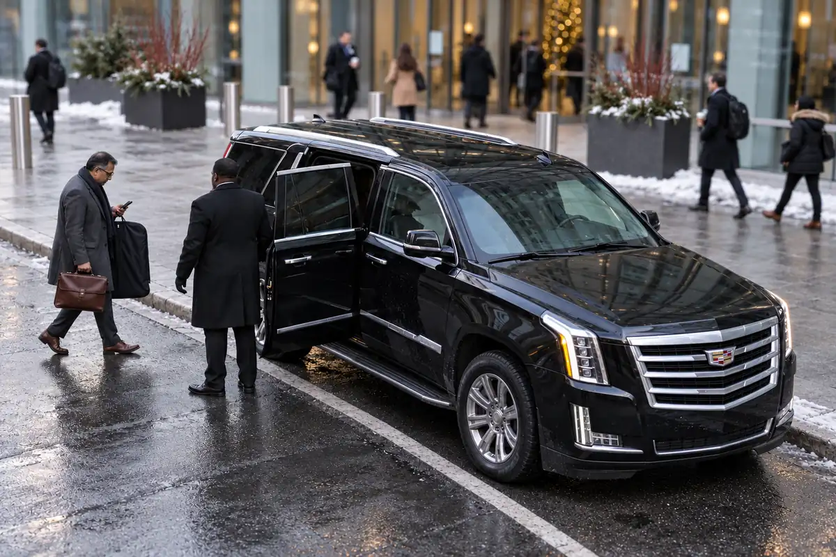 Executive getting into a black Cadillac Escalade outside an office tower at Exchange Place in Jersey City on a winter morning