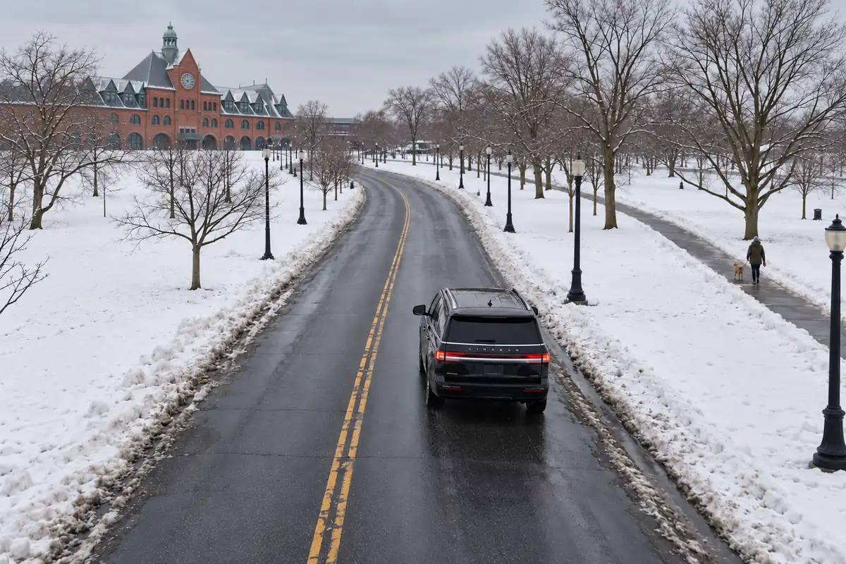 Black Lincoln Navigator L on the road through Liberty State Park in Jersey City on a snowy winter day