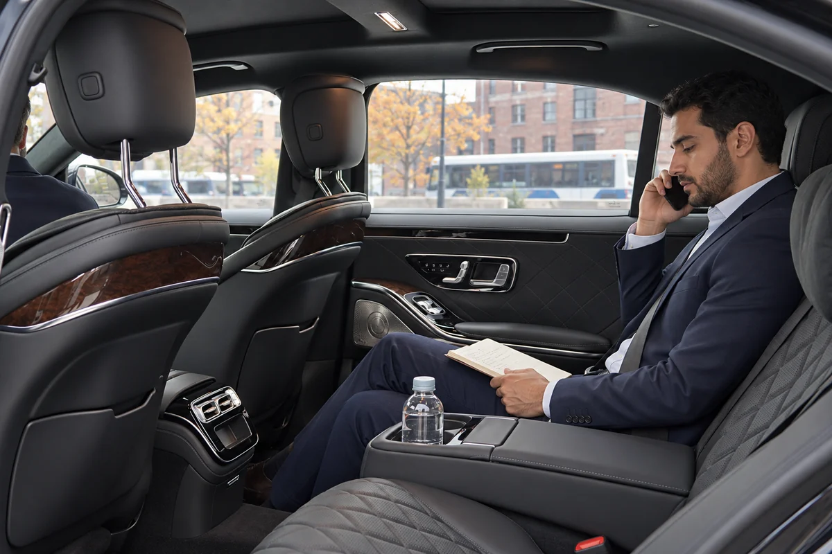 Passenger on a phone call with a notebook in the rear seat of a chauffeured Mercedes-Benz S-Class near the Holland Tunnel in Jersey City