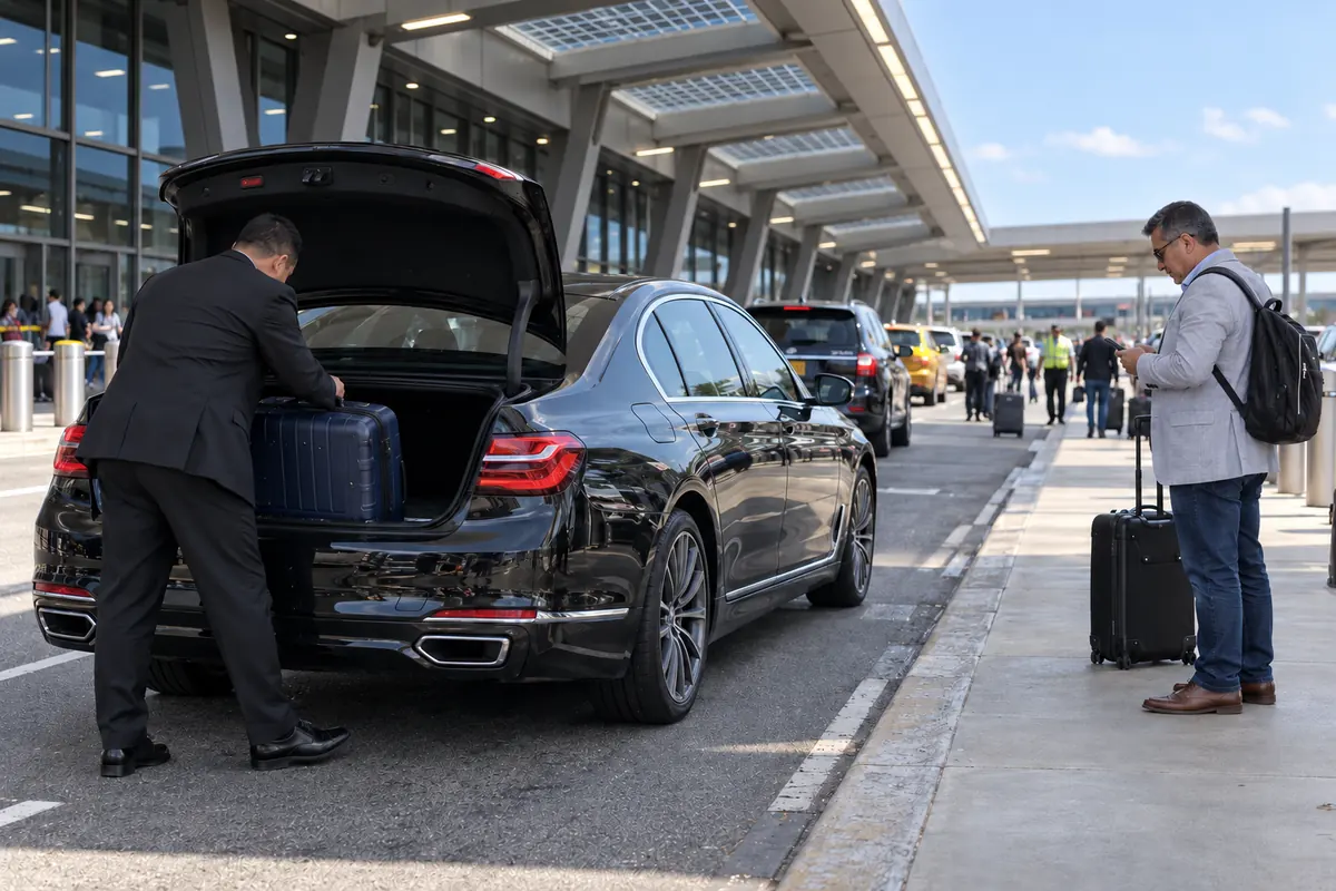 Chauffeur unloading a suitcase from a black BMW 740i at the Newark Airport departures curb after a car service from Jersey City