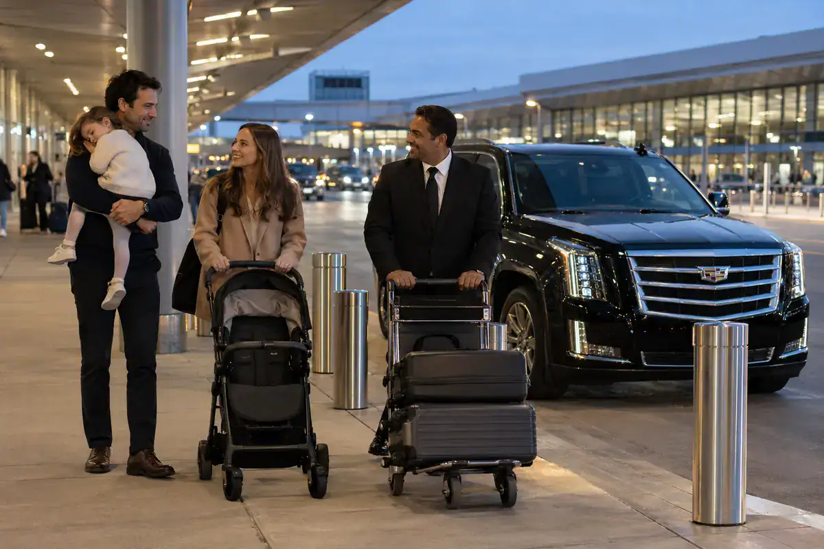Chauffeur meeting a family with a toddler, stroller and luggage beside a black SUV at the airport curb