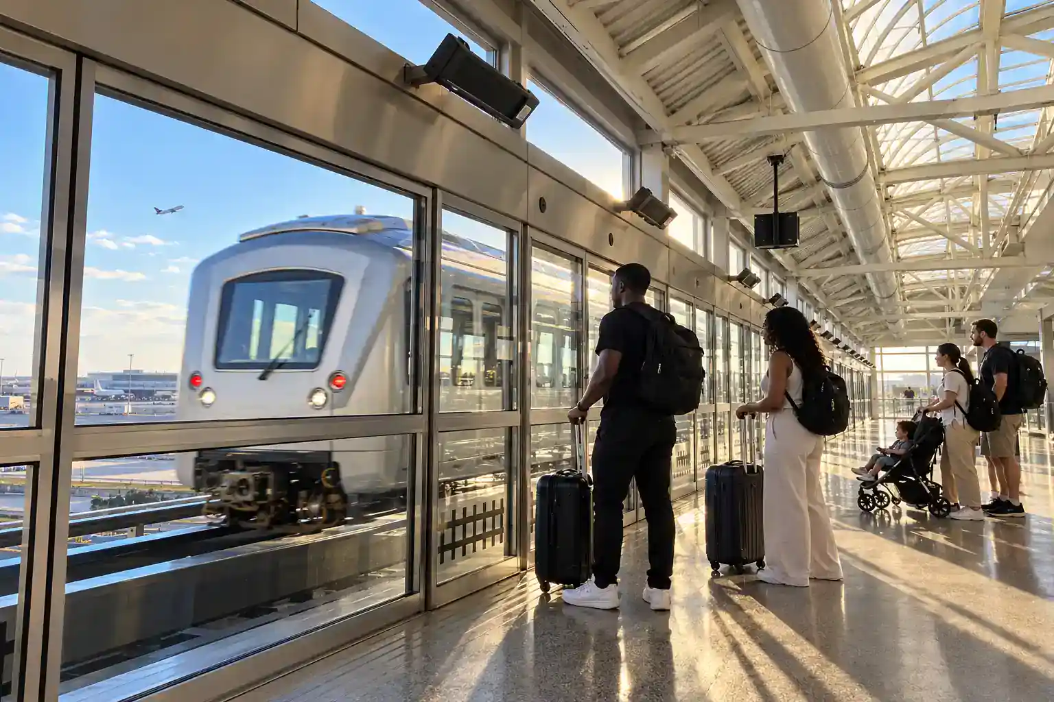 10 Things to Know Before Flying into JFK Airport (2026) 4 Travelers with luggage waiting for the JFK AirTrain at Howard Beach station