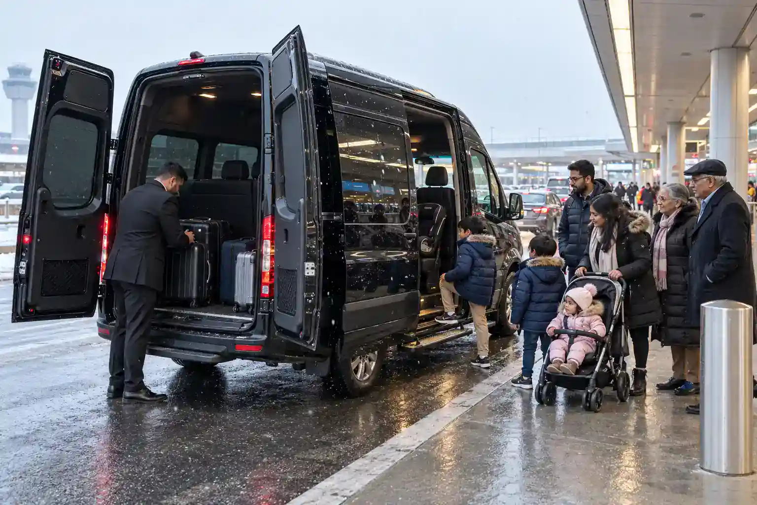 10 Things to Know Before Flying into JFK Airport (2026) 7 Family boarding a black Sprinter van at the JFK Terminal 8 arrivals curb