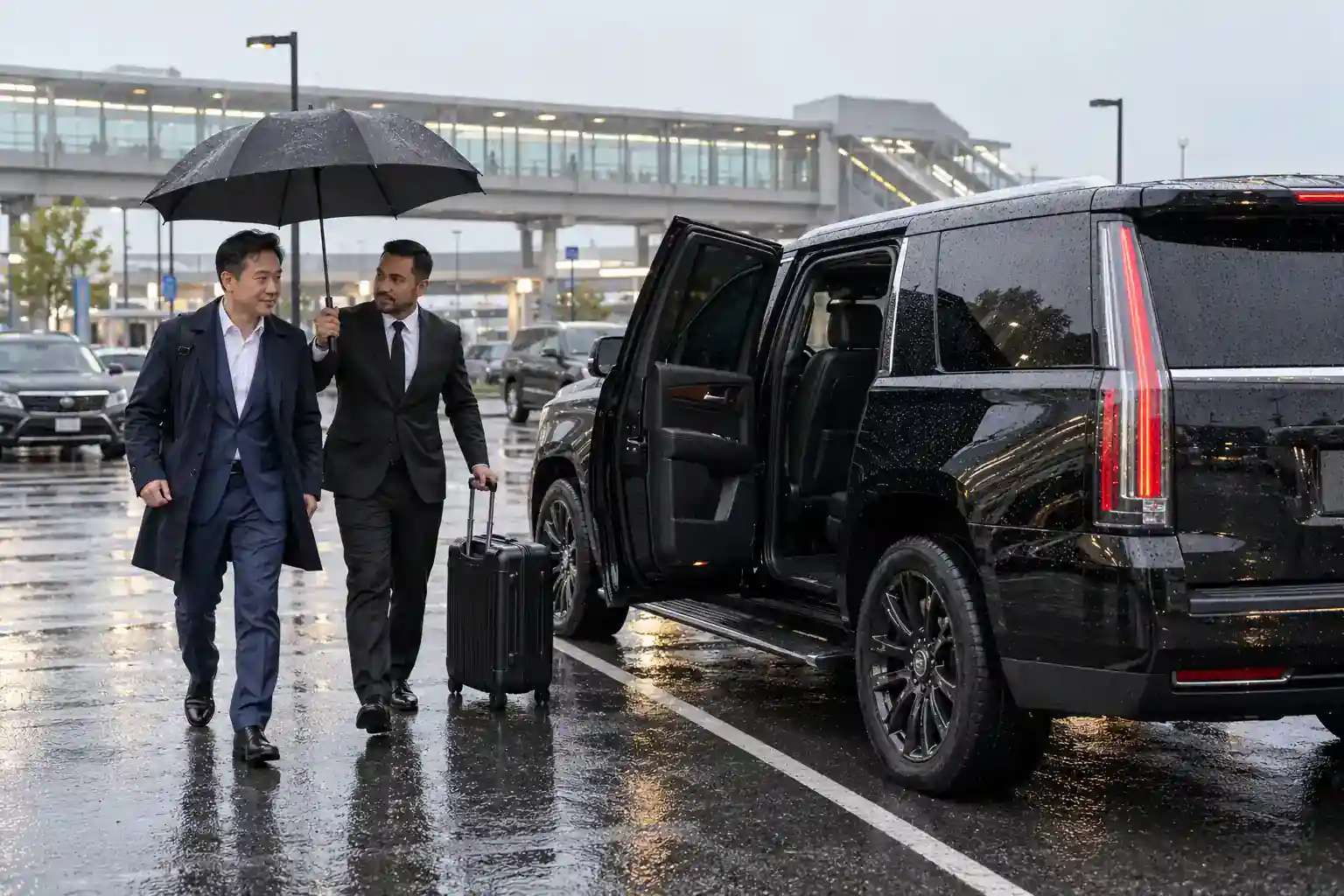 10 Things to Know Before Flying into JFK Airport (2026) 6 Chauffeur walking a traveler from the AirTrain to a black Escalade at the Howard Beach car service lot