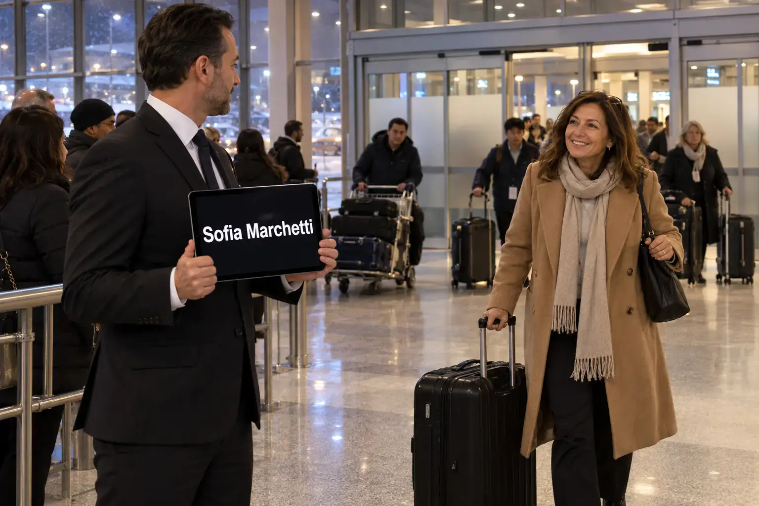 10 Things to Know Before Flying into JFK Airport (2026) 3 Chauffeur with an iPad name sign meeting a traveler as she leaves customs at JFK Terminal 4